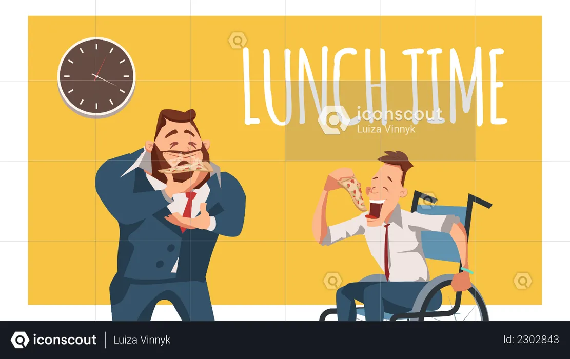 Businessman and handicap employee enjoying pizza  Illustration