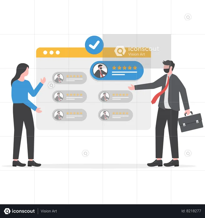 Businessman and his employees are viewing customer feedback  Illustration