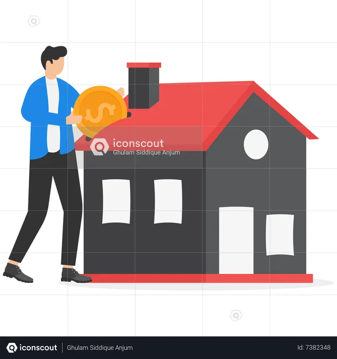 Businessman and home owner putting money dollar coin into new house  Illustration