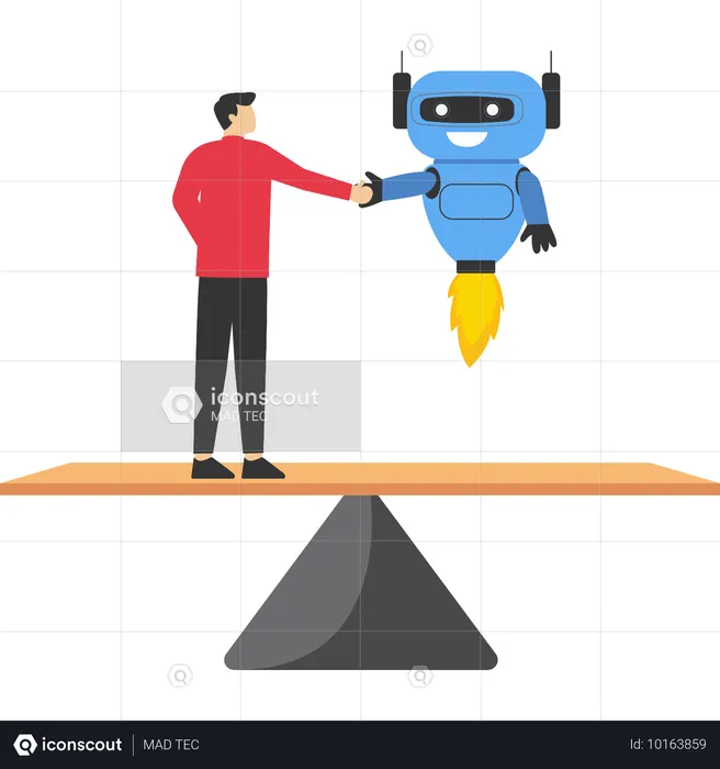 Businessman and robot handshake with success negotiation over balance seesaw  Illustration