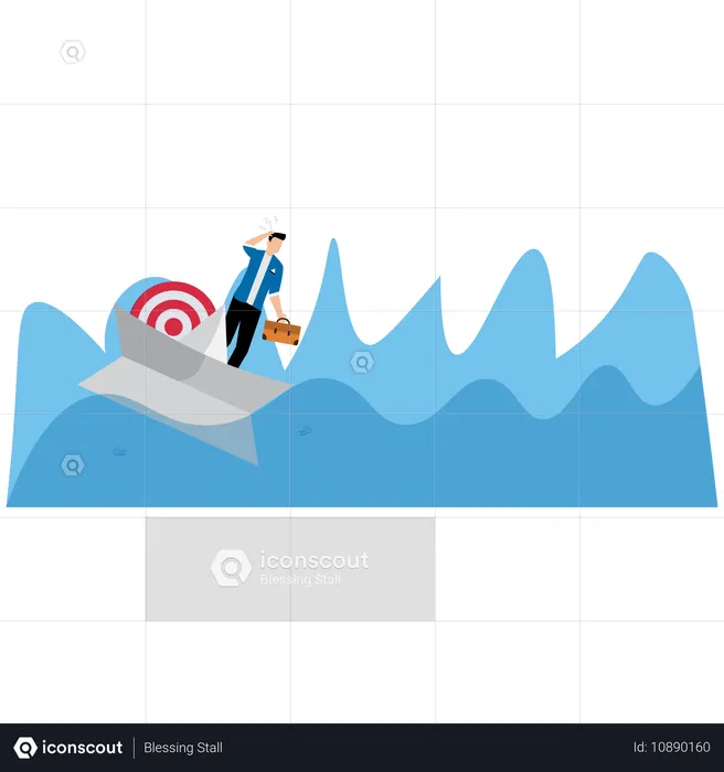 Businessman and target on a paper boat about to sink into sea  Illustration