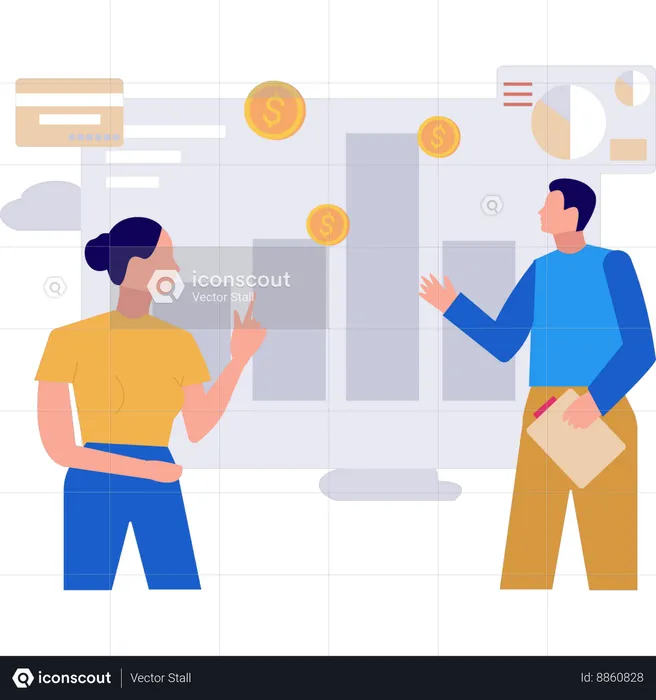 Businessman and woman are discussing a graph of dollars  Illustration