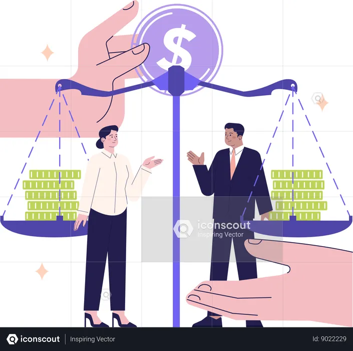 Businessman and woman balancing money  Illustration