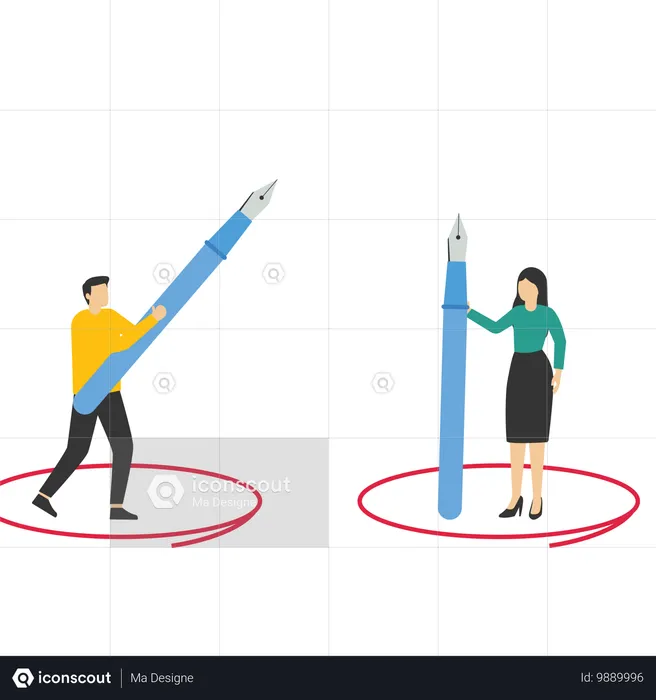 Businessman and woman keep distance away by drawing circle  Illustration