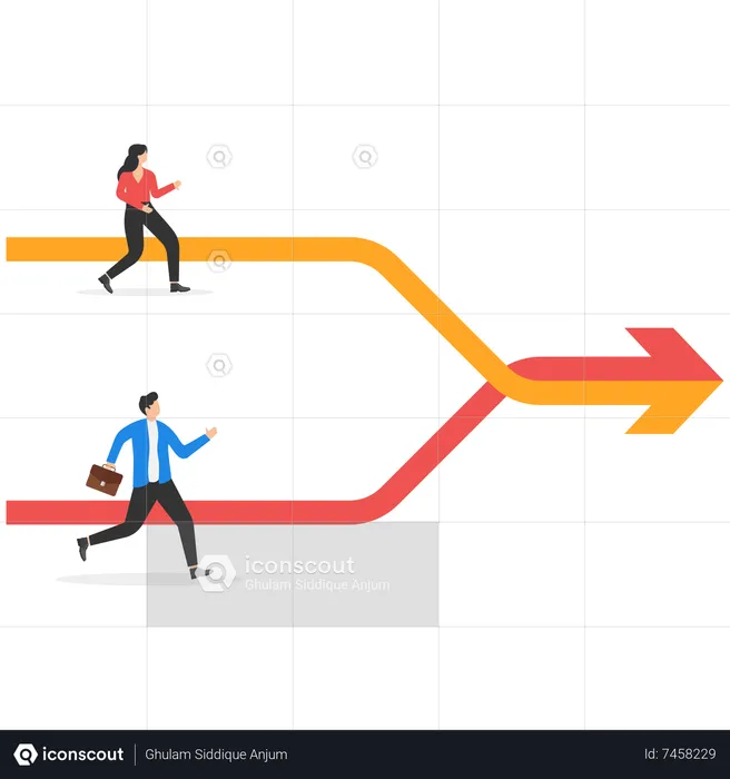Businessman and woman running to join direction together to succeed target  Illustration