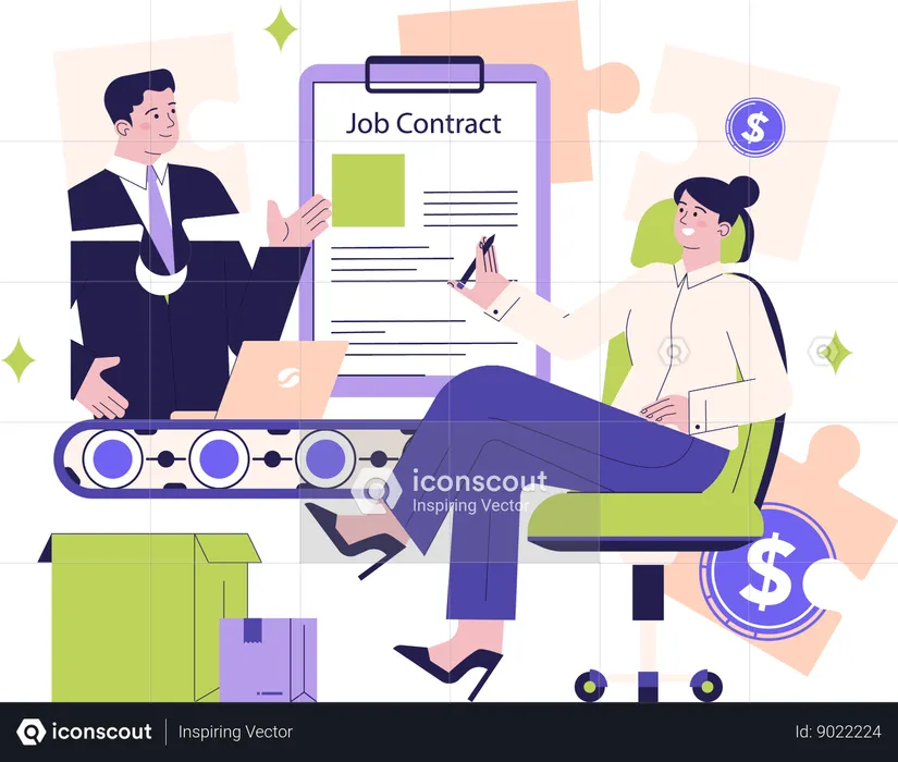 Businessman and woman showing job contract  Illustration