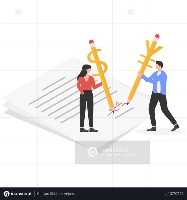 사업가와 여성이 달러와 엔화 기호가 적힌 연필을 손에 들고 공동 문서에 서명하는 모습  일러스트레이션