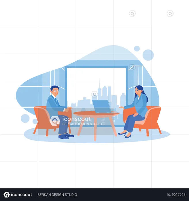 Businessman And Woman Sitting In Armchairs Solving Problems Inside Office  Illustration