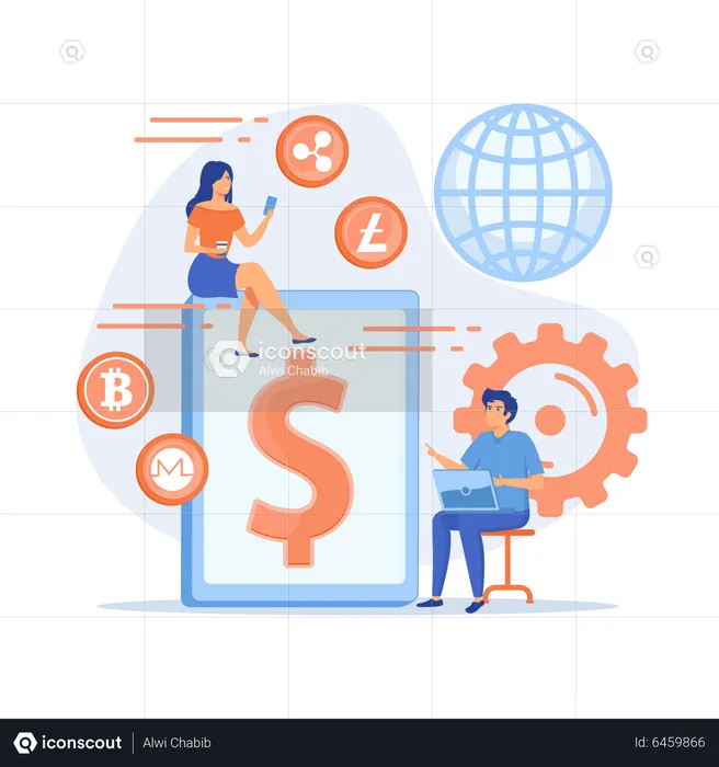 Businessman and woman transfer money using gadget  Illustration