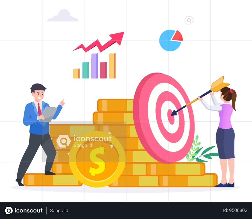 Businessman And Woman Working On Financial Goal  Illustration