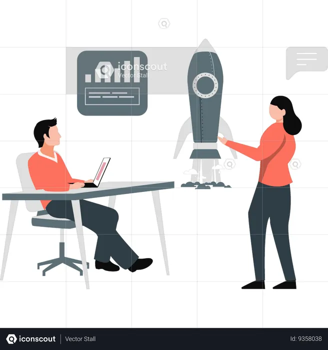 Businessman and woman working on startup analysis  Illustration