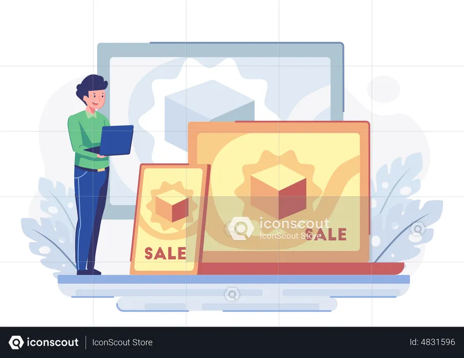 Businessman announcing online sale on multiple platforms  Illustration