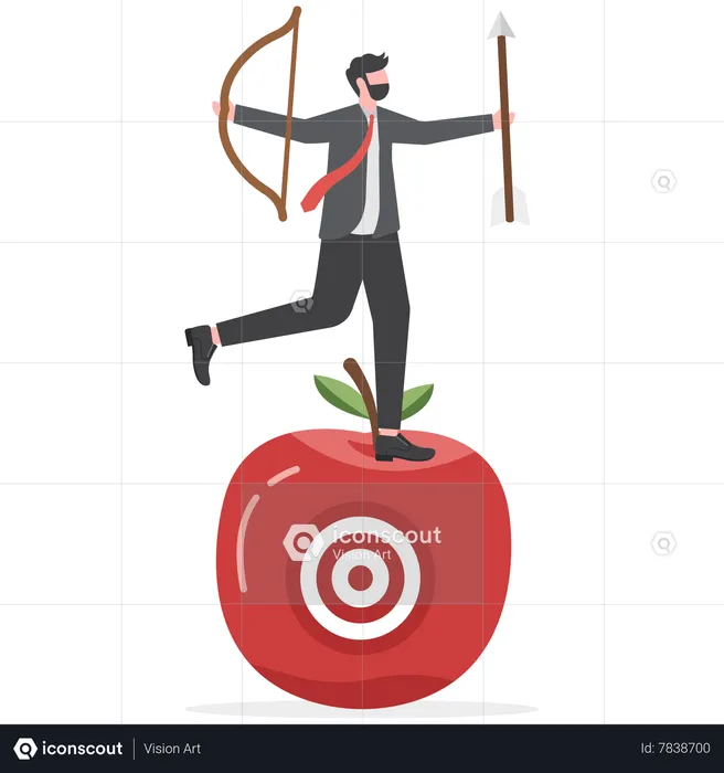 Businessman archery holding arrow and bow meditate and focus on bullseye target at center of apple  Illustration