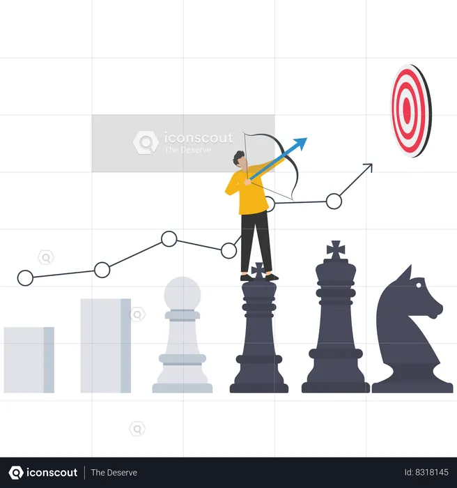 Businessman archery on king chess growth chart aiming at target  Illustration
