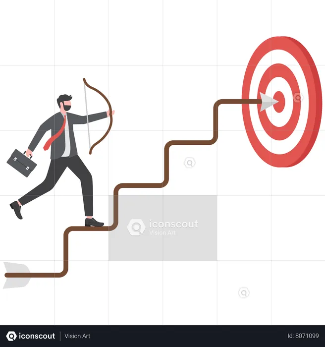 Businessman archery run on stair case arrow to reach goal  Illustration