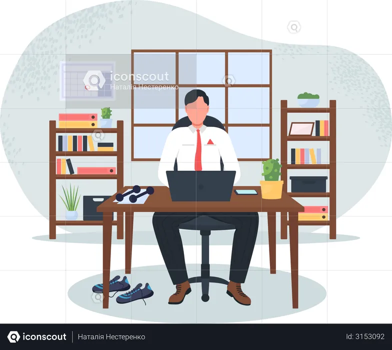Businessman at computer after workout  Illustration