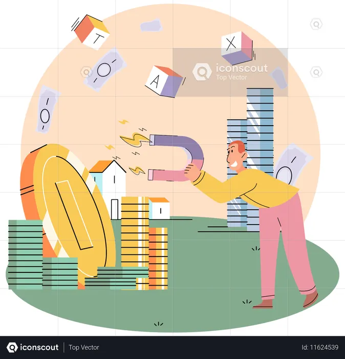 Businessman attracting and saving money with giant magnet  Illustration