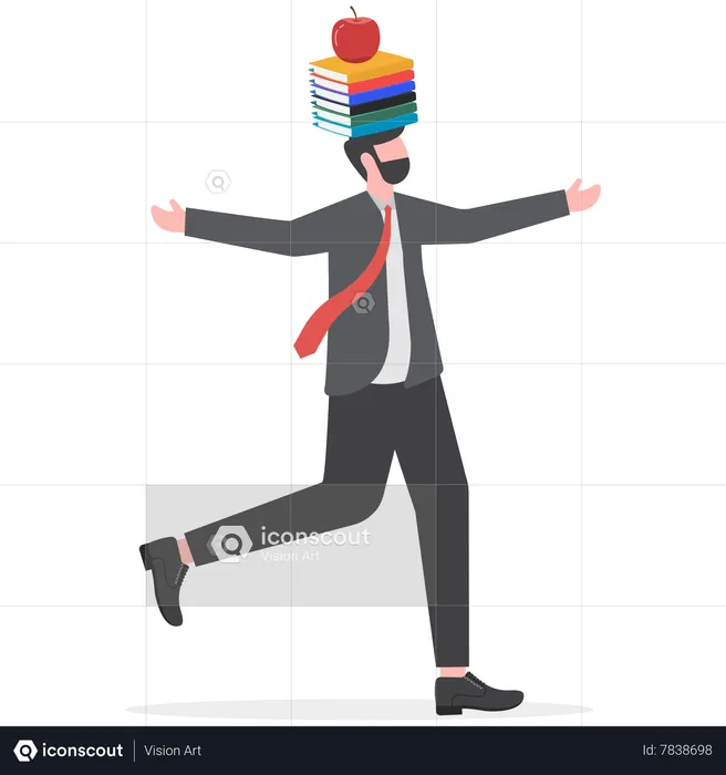 Businessman balance books stack on his head with apple on top  Illustration