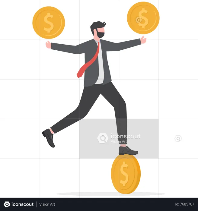 Businessman balance on spinning dollar money coin  Illustration