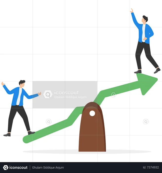 Businessman balance seesaw green arrow graph lift up other guy soaring  Illustration