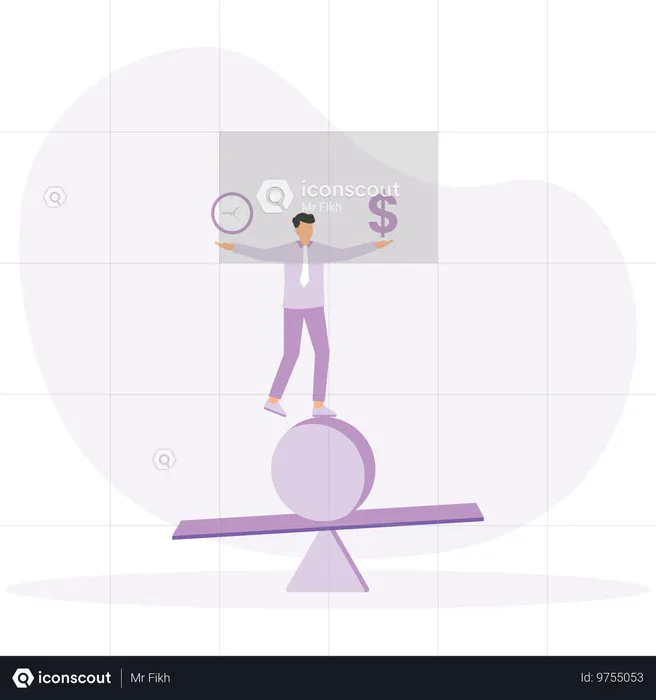 Businessman balances between time and money  Illustration