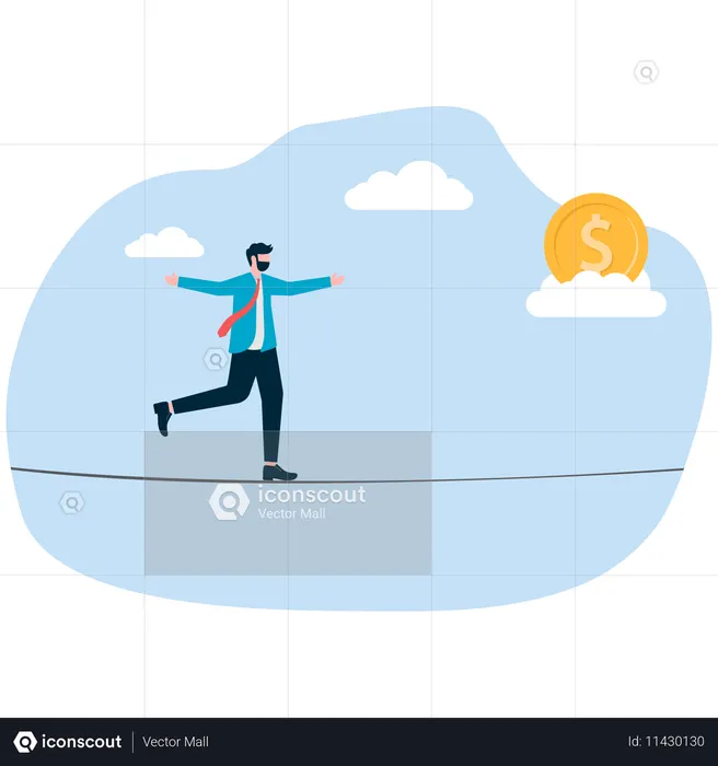 Businessman balances with rope to catch dollar coin  Illustration