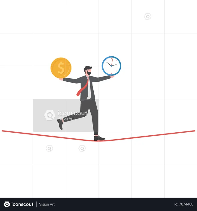 Businessman balancing clock time and dollar money  Illustration