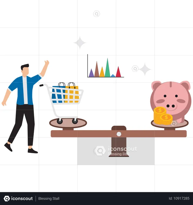 Businessman balancing shopping and saving  Illustration