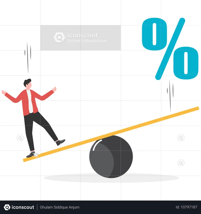 Businessman balancing with seesaw to make percentage sign jump  Illustration
