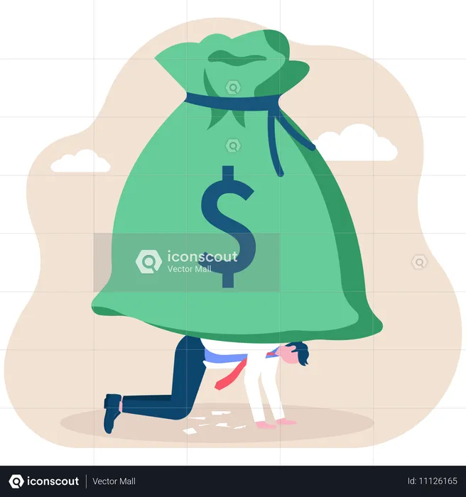 Businessman bent over by huge money bag  Illustration