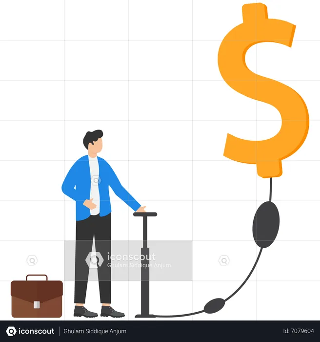 Businessman blowing balloon in shape of gold coin  Illustration