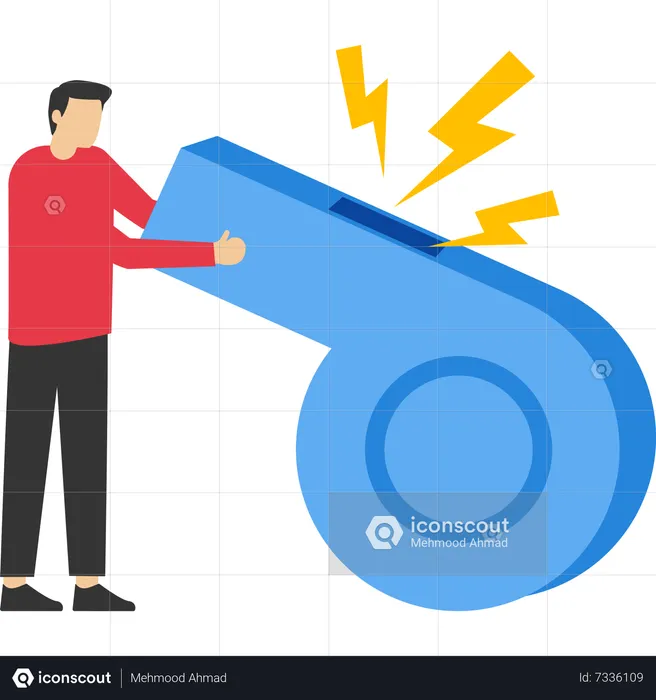 Businessman blowing whistle pointing signal to inform others  Illustration
