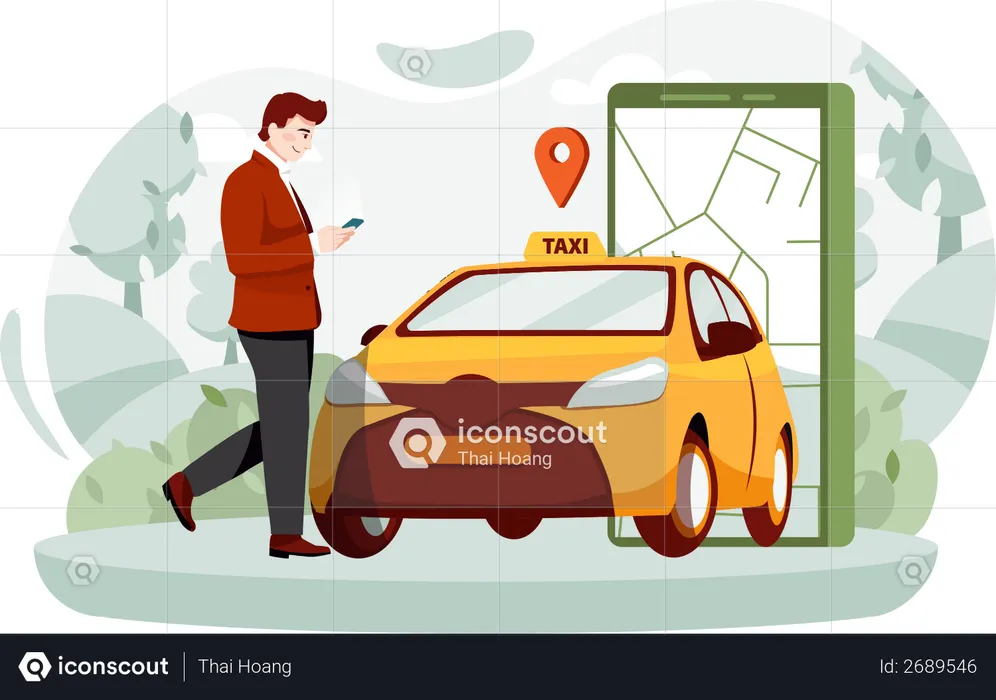 Businessman Booking cab From cab service app  Illustration