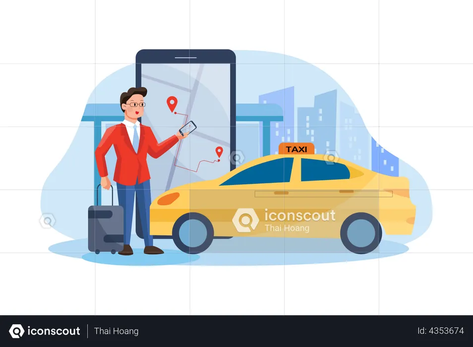 Businessman booking taxi using online application  Illustration