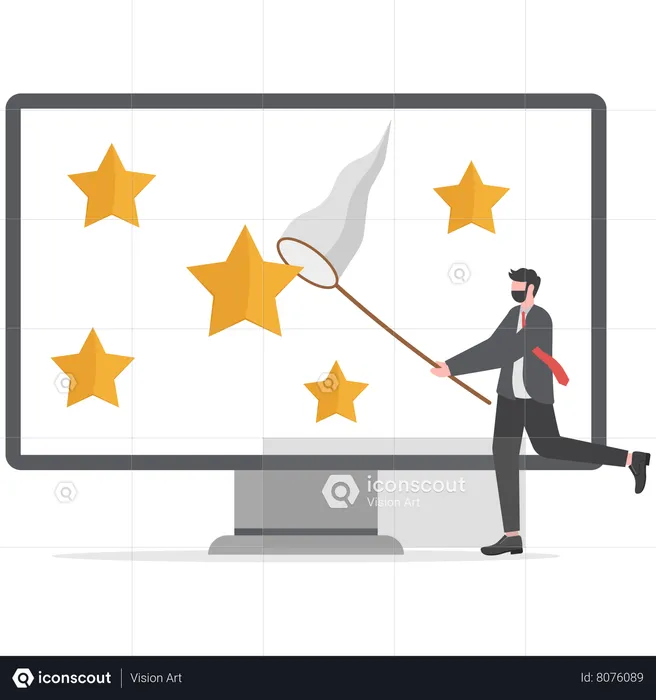 Businessman bounce on trampoline jump flying high to grab star  Illustration