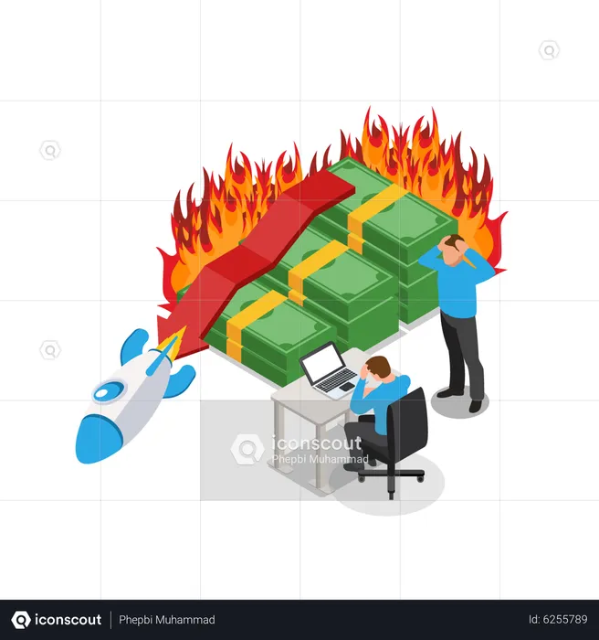 Businessman burning money in failing startup  Illustration