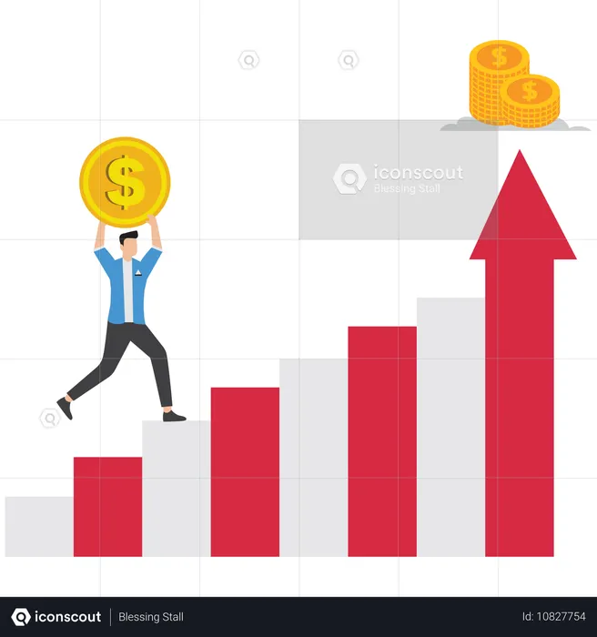 Businessman carries coin along arrow of growing graph  Illustration