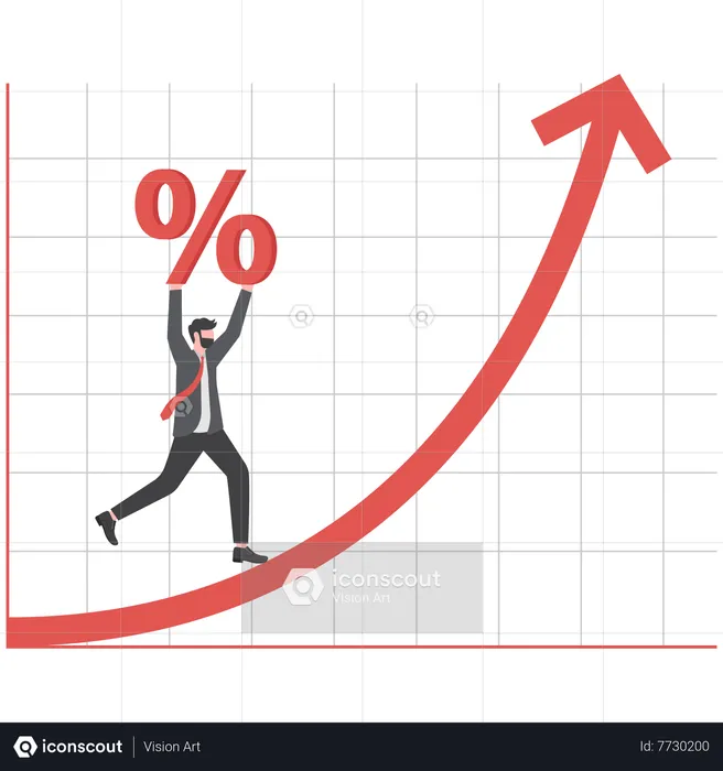 Businessman carries percent on the arrow of growing graph  Illustration