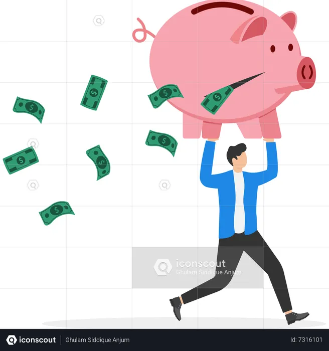 Businessman carry big money bags with big hole banknotes falling out  Illustration