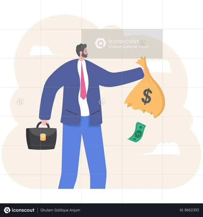 Businessman carry torn sack with dollars  Illustration
