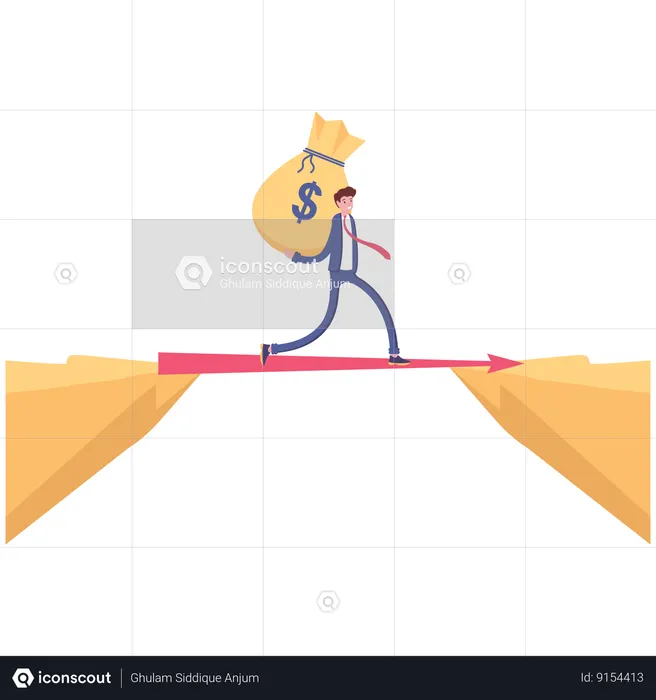 Businessman carrying bag of money walking cross the cliff  Illustration