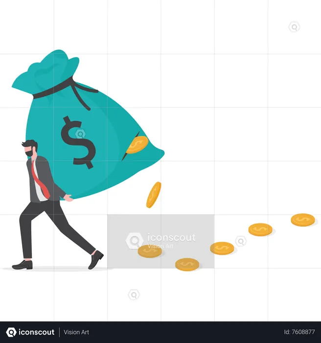 Businessman carrying big debt money bag losing money  Illustration