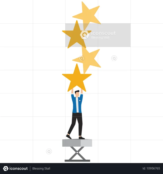 Businessman carrying five stars aligned vertically on his back with fatigue  Illustration