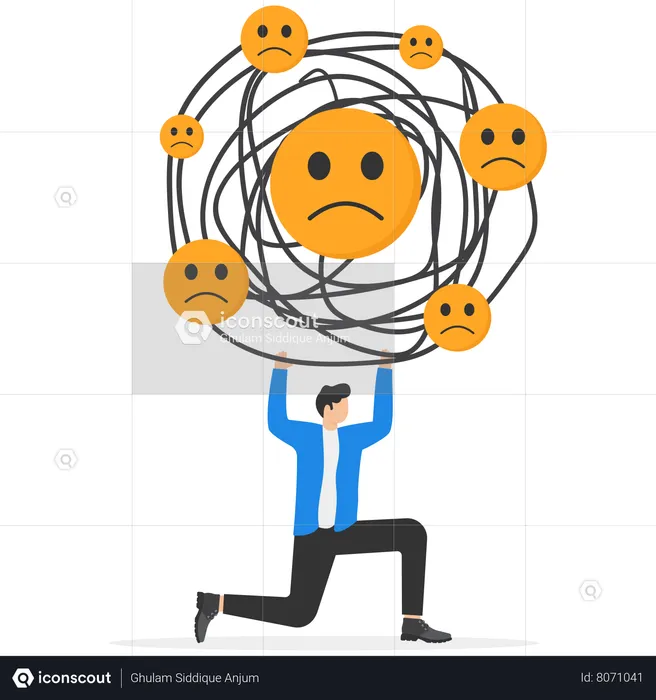 Businessman carrying huge cloud of negative emoticons above his head  Illustration