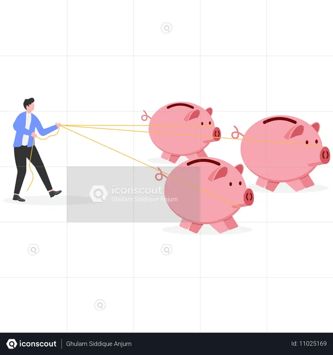 한 번에 여러 개의 돼지 저금통을 잡는 사업가  일러스트레이션