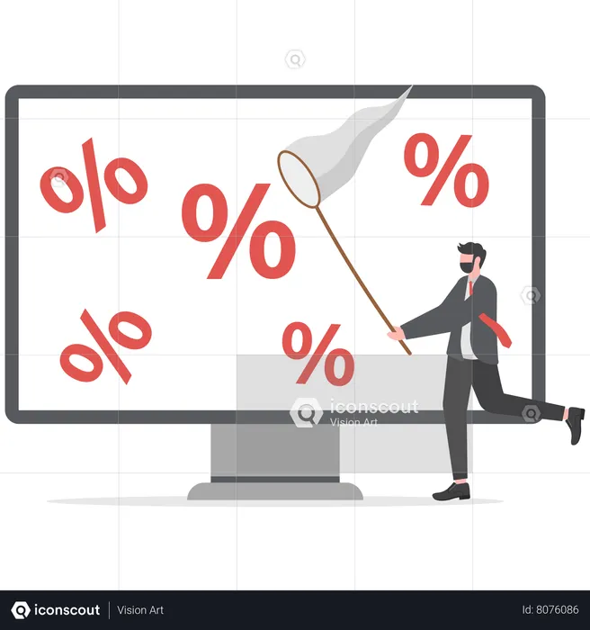Businessman catching percentage with butterfly net finance debt crisis  Illustration
