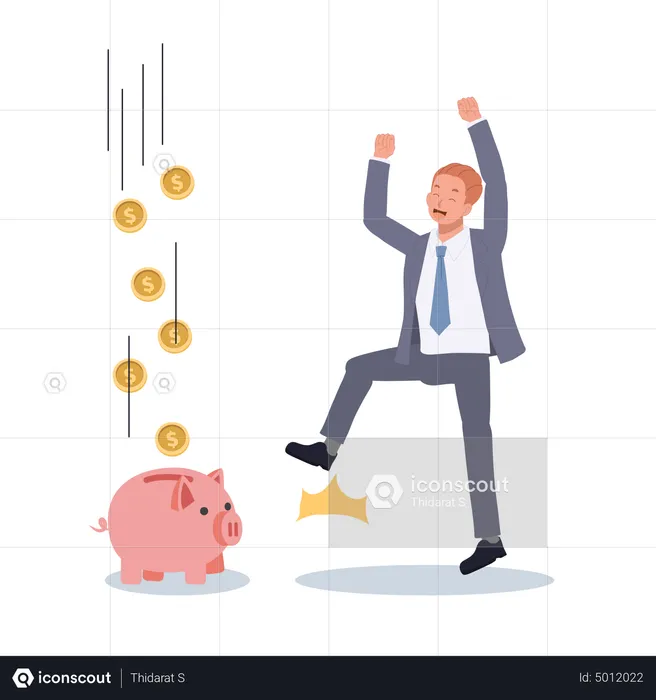 Businessman celebrating savings return from piggy bank  Illustration