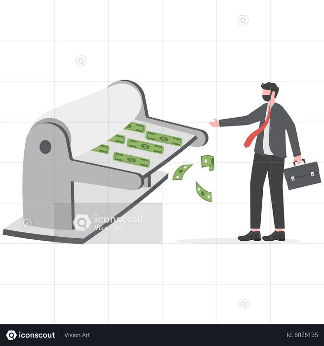 Businessman central bank man rolling money printer to print money banknotes  Illustration