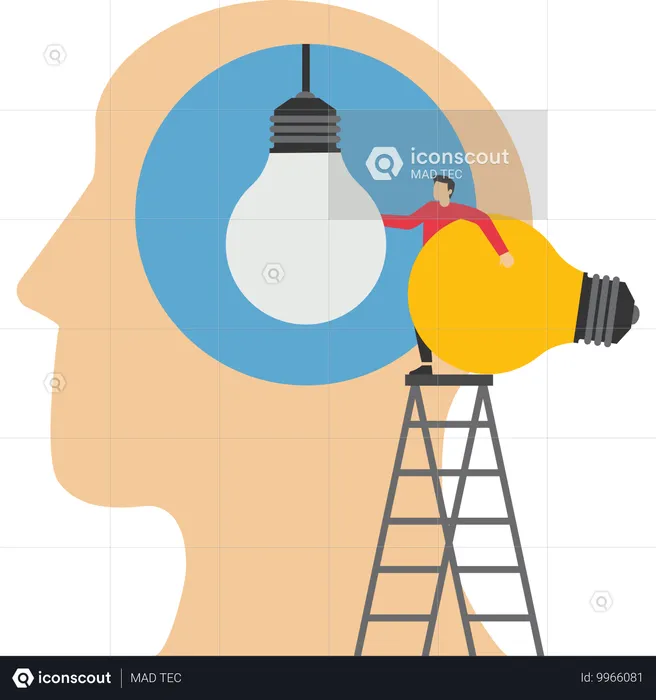 Businessman changes light bulb in big head  Illustration