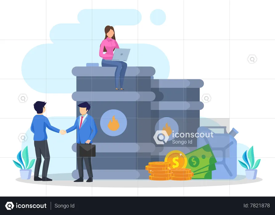 Businessman Character Looking At Declining Oil Chart Price With Oil Drum And Coins Flat Vector  Illustration